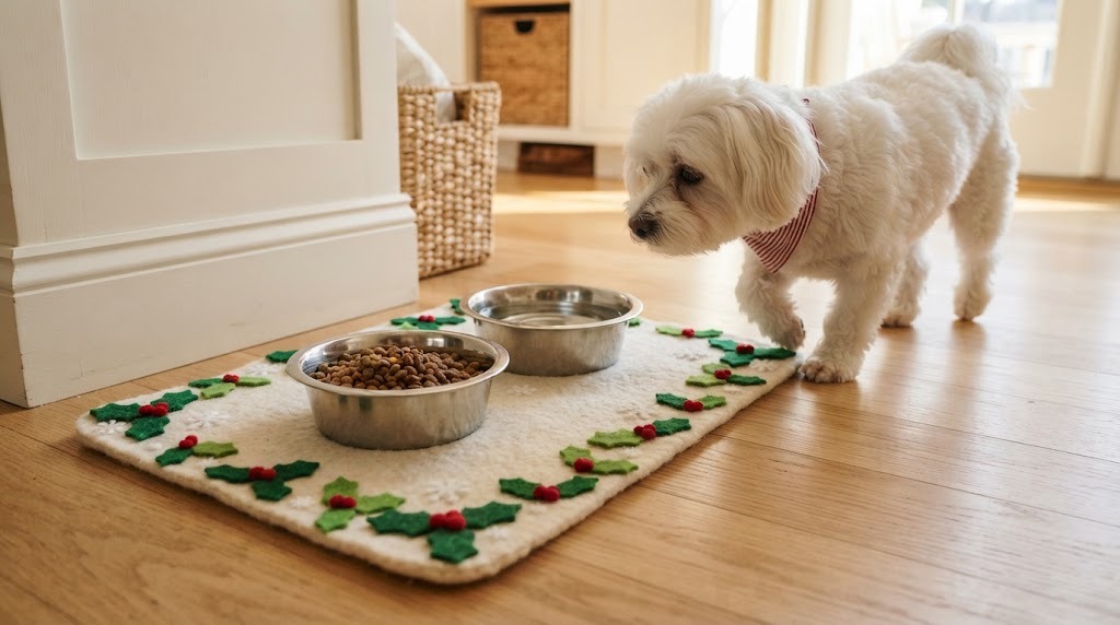 Felt holiday bowl mat with holly and snowflakes under pet food bowls, a Pet Christmas DIY