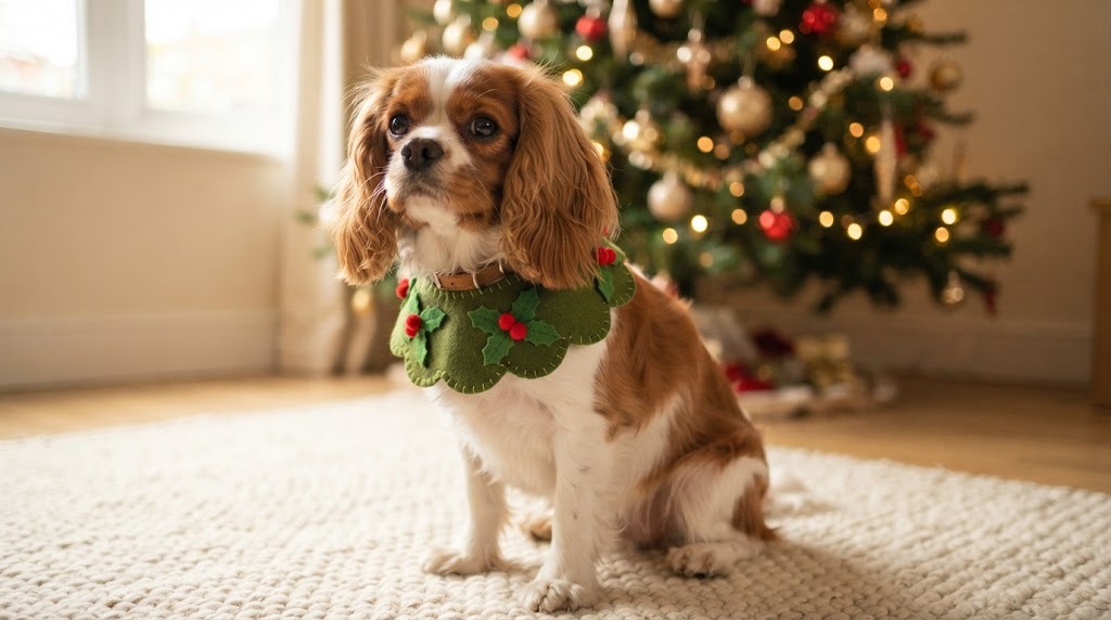 Small dog wearing a green felt holly collar cover