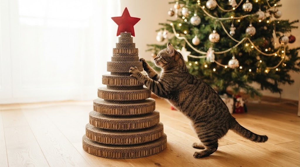Pet Christmas DIY cardboard scratcher tree with a cat scratching it