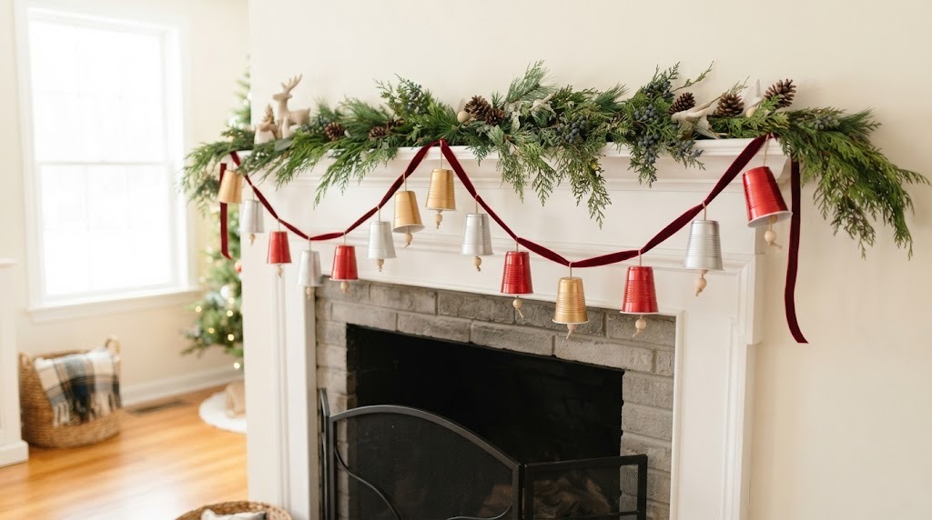 Plastic cup bells painted gold, silver and red strung on velvet ribbon across a mantel