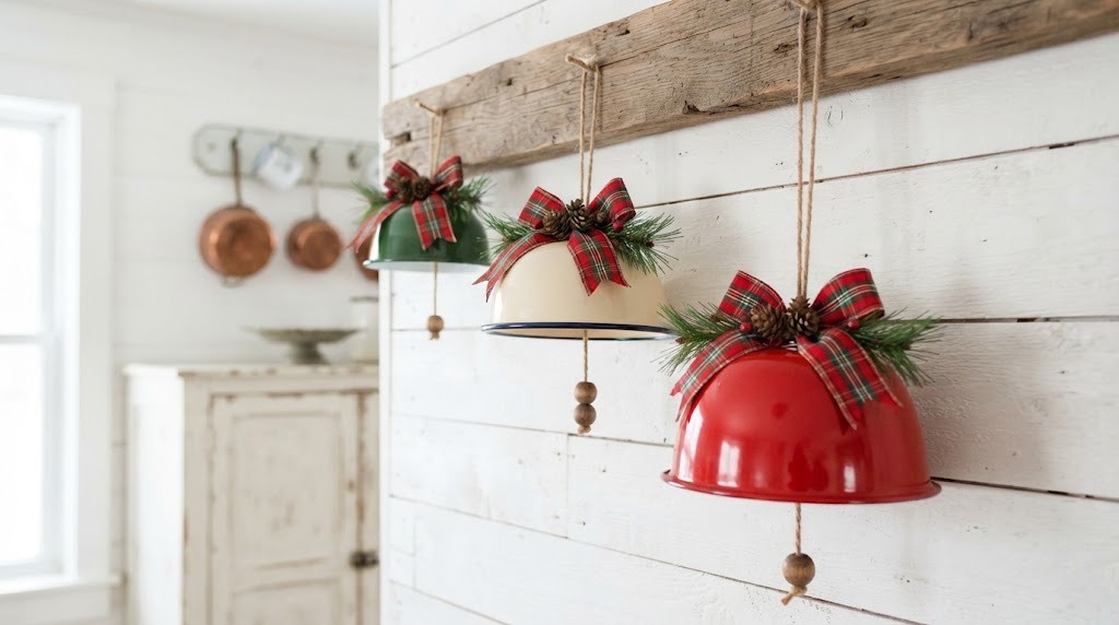 Red, cream and green enamel bowls hung upside down as bells with plaid bows