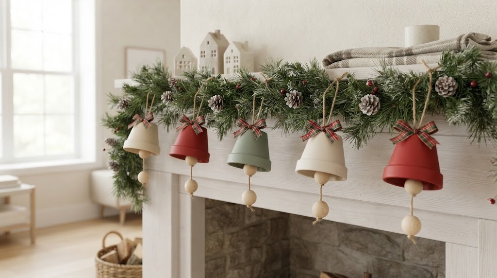 Painted terracotta pot DIY Christmas Bells with wooden bead clappers on a mantel garland