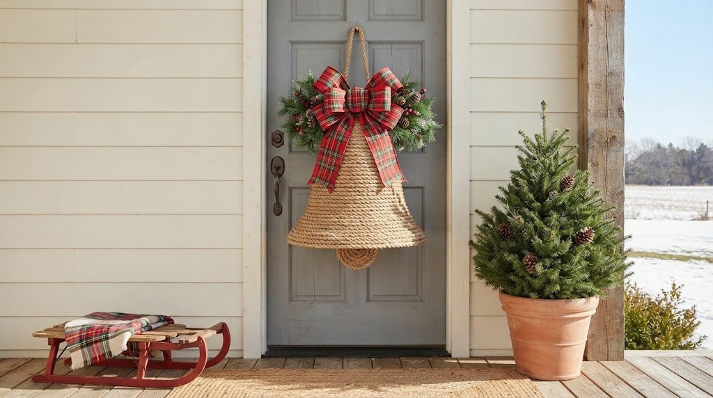Giant jute rope covered cardboard DIY Christmas Bells with a plaid bow on a front door