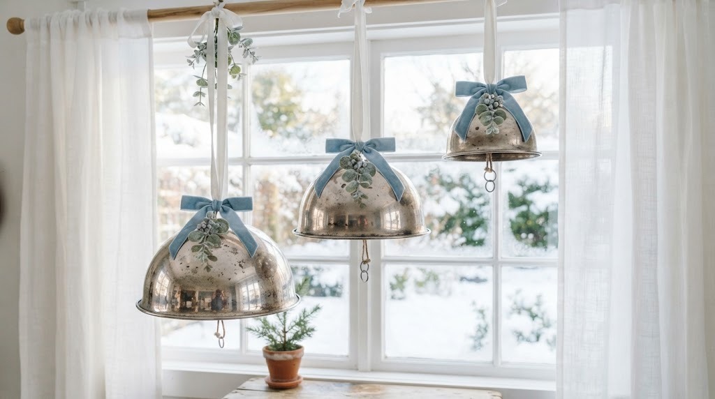 Three silver bowls hung as bells with blue velvet bows in a bright window