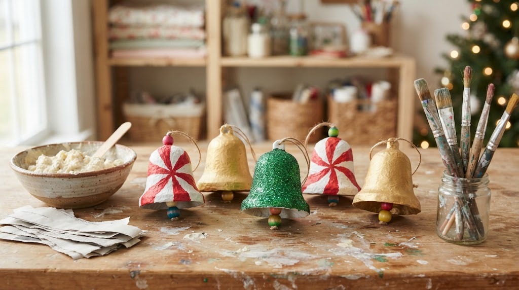 Paper mache DIY Christmas Bells painted with peppermint stripes, gold and green glitter
