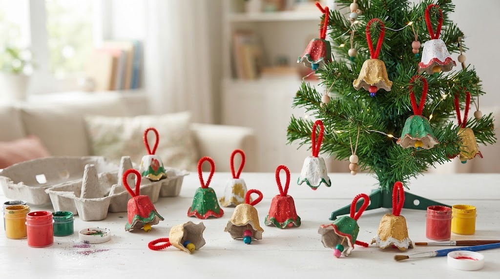 Egg carton bell ornaments painted red, green and gold on a small tabletop tree