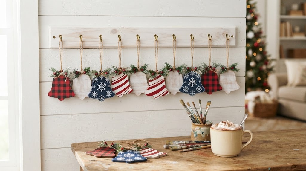 Painted wooden DIY Christmas Bells in buffalo check, stripes and snowflakes on a peg rail