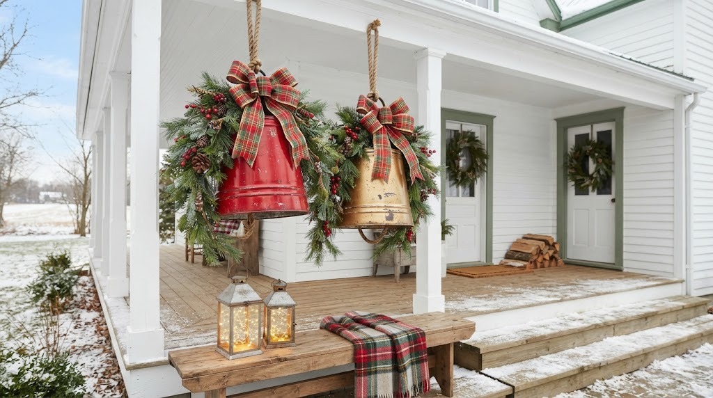 Oversized bucket DIY Christmas Bells in red and gold hanging from a snowy farmhouse porch