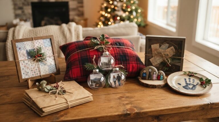Sentimental Christmas Gifts on a wooden table including photo ornaments, a flannel shirt pillow and a handprint plate
