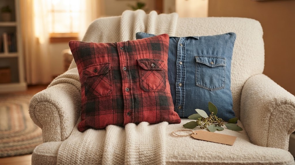 Memory pillows sewn from a plaid flannel shirt and a denim shirt with the pockets kept on