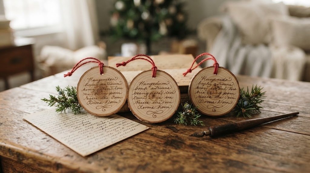 Wood slice ornaments with traced handwriting, one of many Sentimental Christmas Gifts