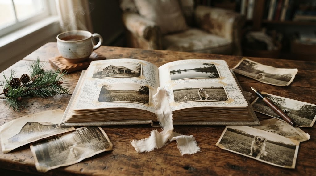 Handmade family story book filled with old photos and handwritten memories