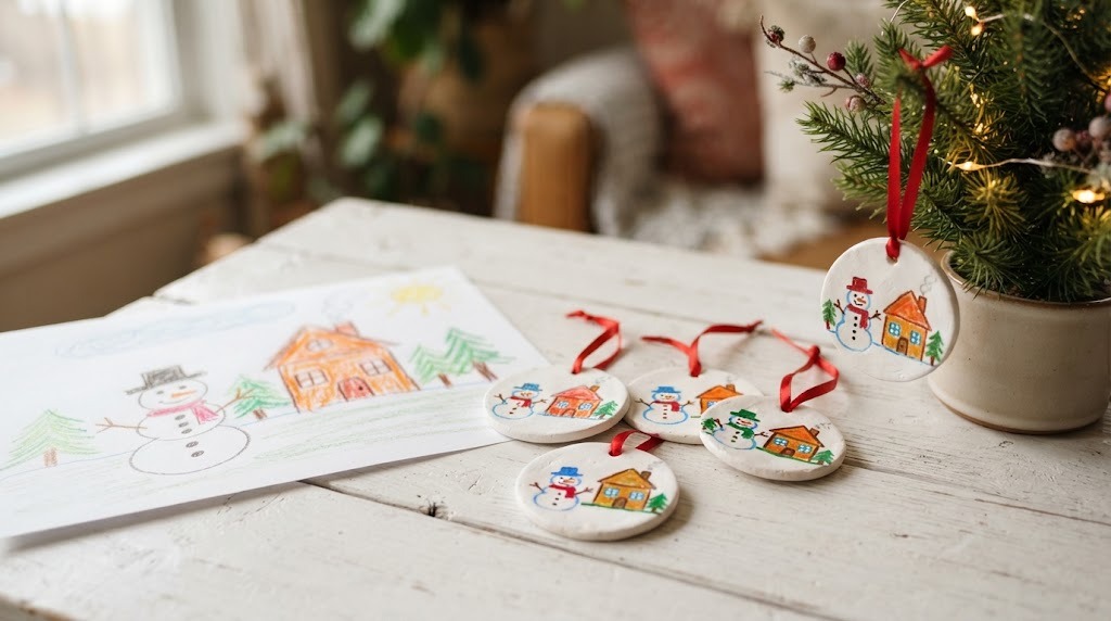 Clay ornaments painted with a child's snowman drawing next to the original drawing