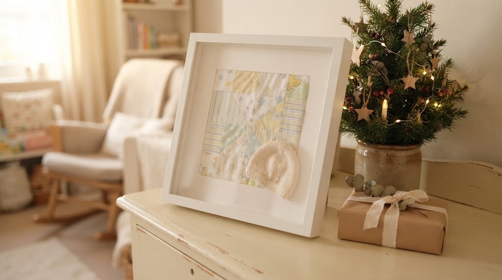 Sentimental Christmas Gifts for new grandparents, a framed quilt square of baby clothes