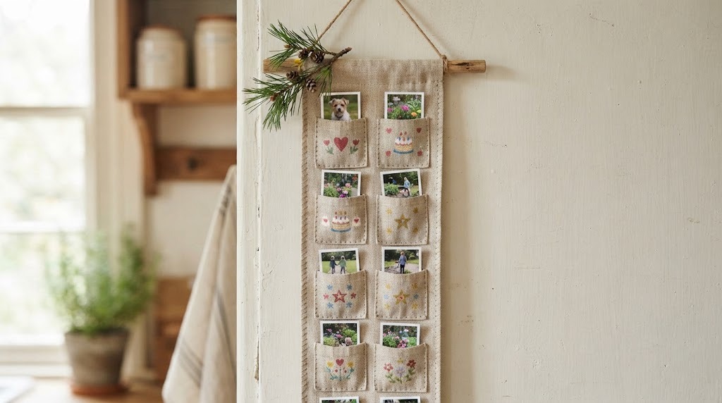 Handmade linen family birthday calendar with photo pockets hanging on a kitchen wall