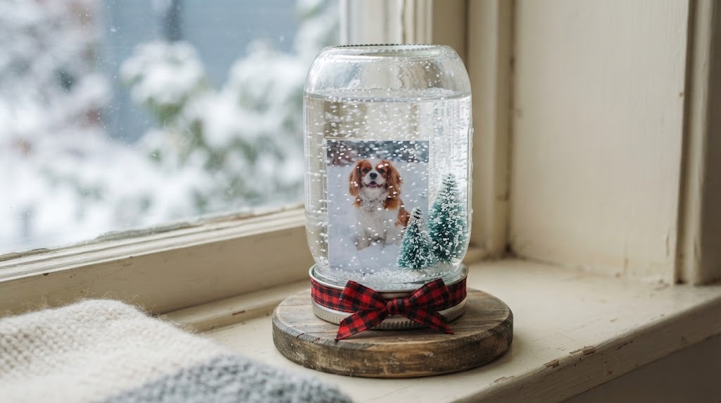 Homemade photo snow globe with a dog photo and tiny trees on a snowy windowsill