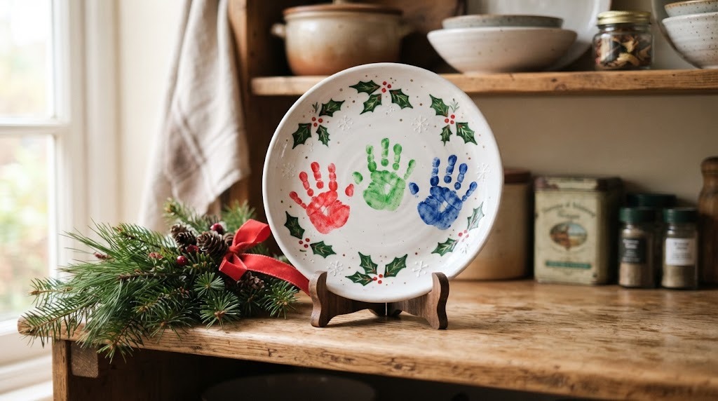 White plate painted with three colorful child handprints and holly leaves