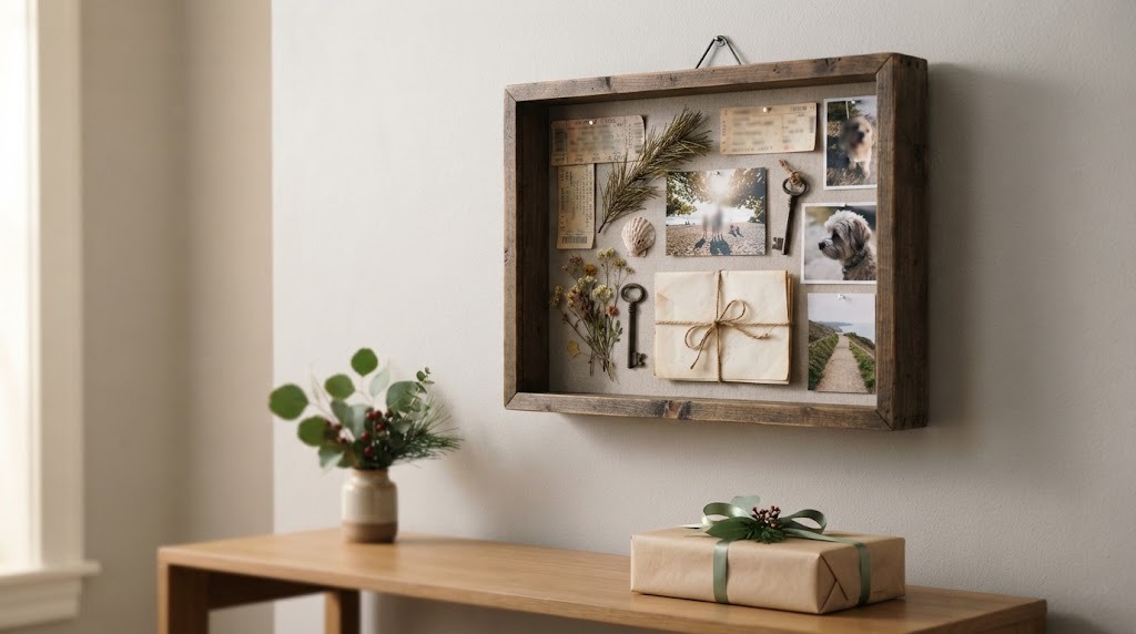 Shadow box of family keepsakes with ticket stubs, a key and small photos, one of the Sentimental Christmas Gifts