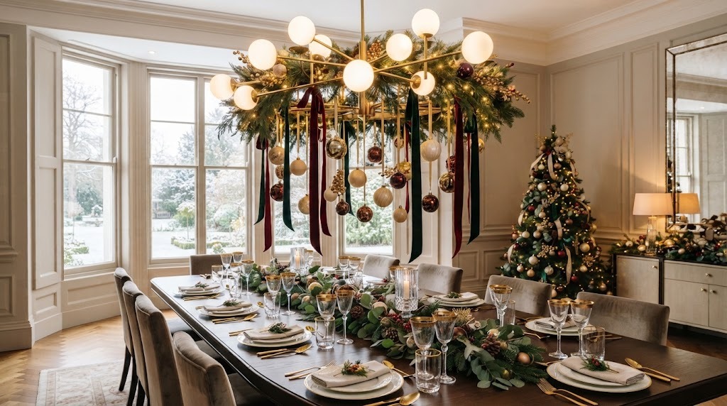 Chandelier Christmas Decor with faux cedar garland, velvet ribbon streamers and hanging ornaments over a set dining table