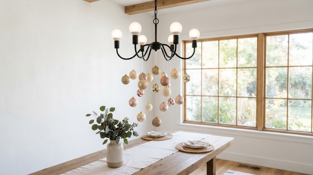 Chandelier Christmas Decor with gold, cream and blush ornaments floating at different lengths