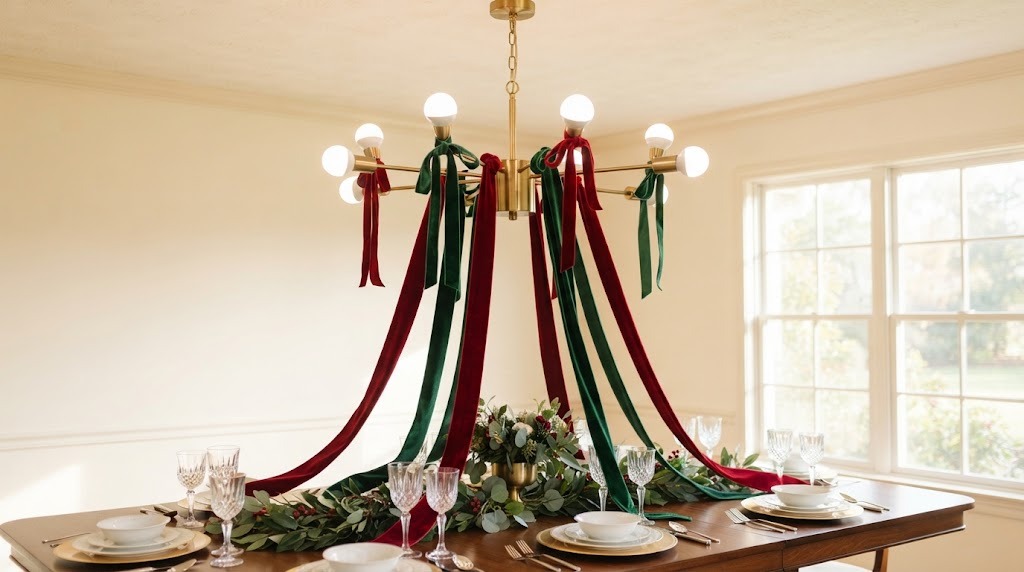 Red and green velvet ribbon streamers falling from a brass chandelier toward a set table