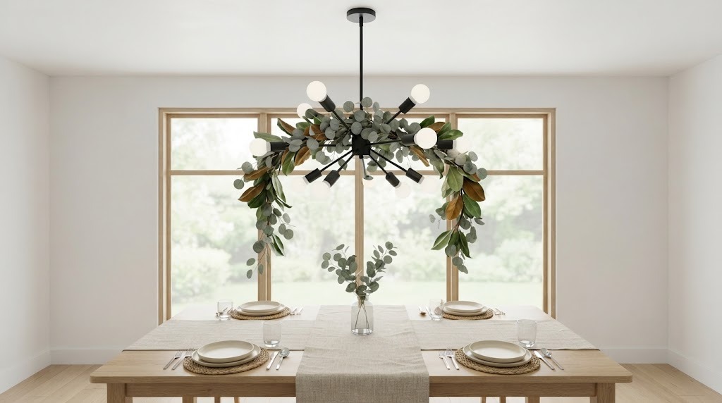 Black chandelier wrapped in faux eucalyptus and magnolia leaves, a modern Chandelier Christmas Decor idea