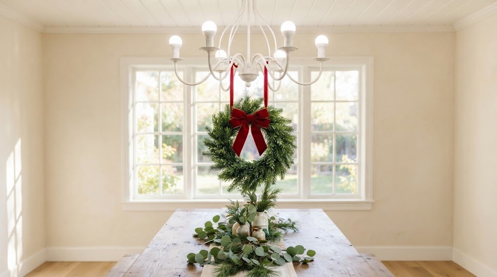 Mini evergreen wreath with a red bow hanging below a white farmhouse chandelier