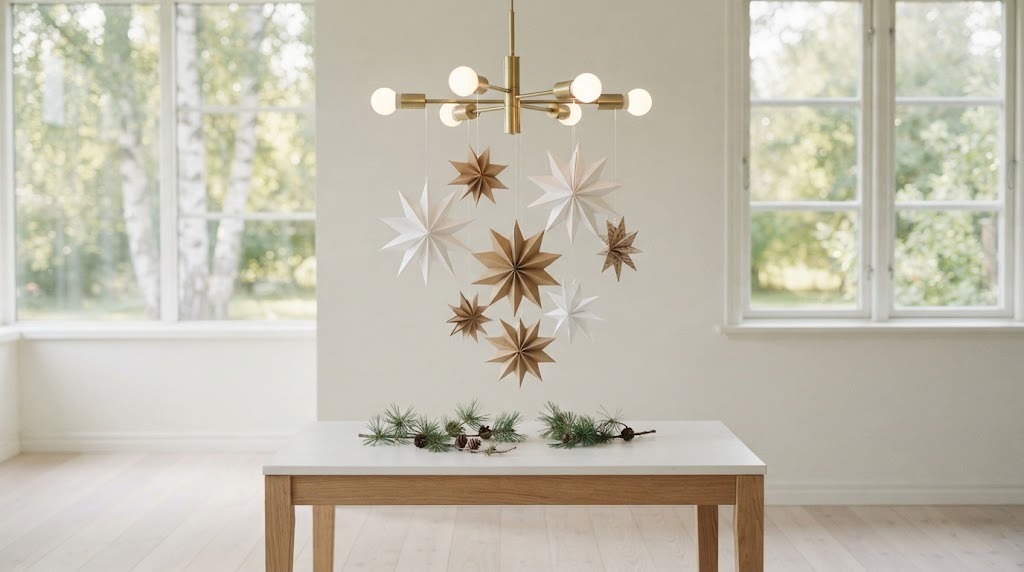 Chandelier Christmas Decor with a cluster of white and kraft paper stars on clear thread