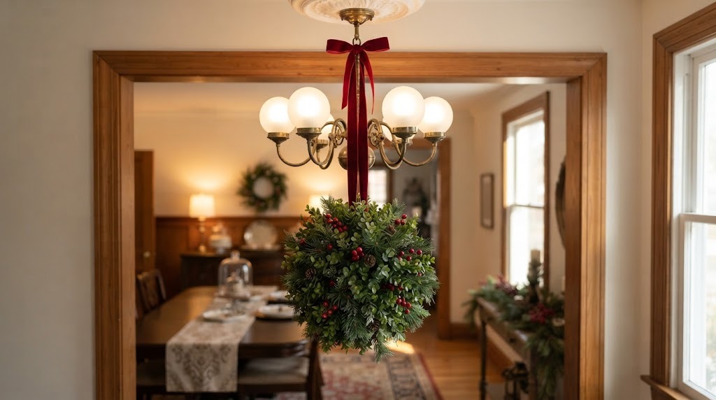 Faux boxwood kissing ball with red berries hanging from a brass chandelier