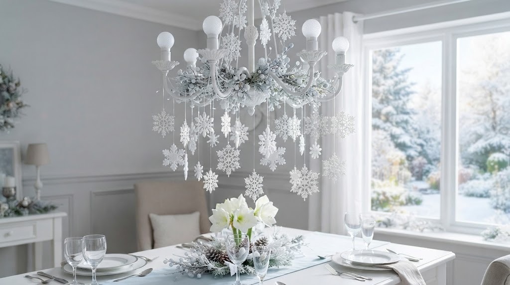 White and silver snowflake ornaments hanging from a white chandelier over a winter table