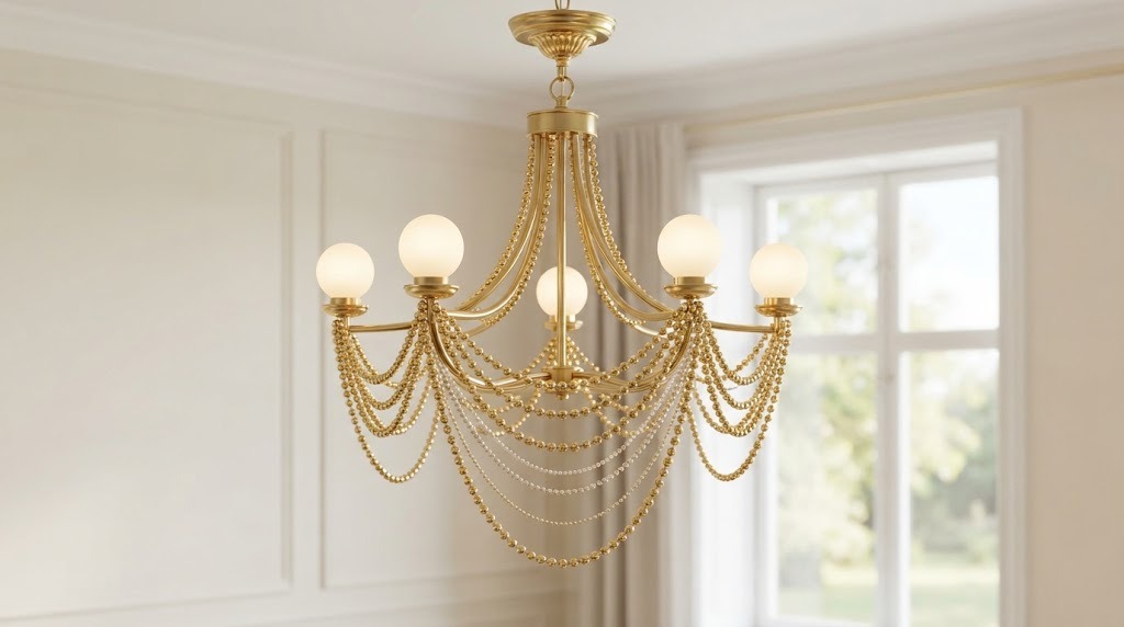 Gold bead garland looped across a gold chandelier, an easy Chandelier Christmas Decor upgrade
