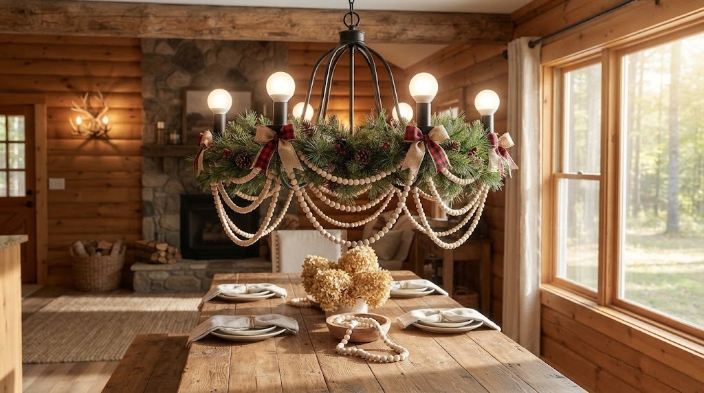 Iron farmhouse chandelier with faux pine, wood bead garland and plaid bows in a cabin dining room