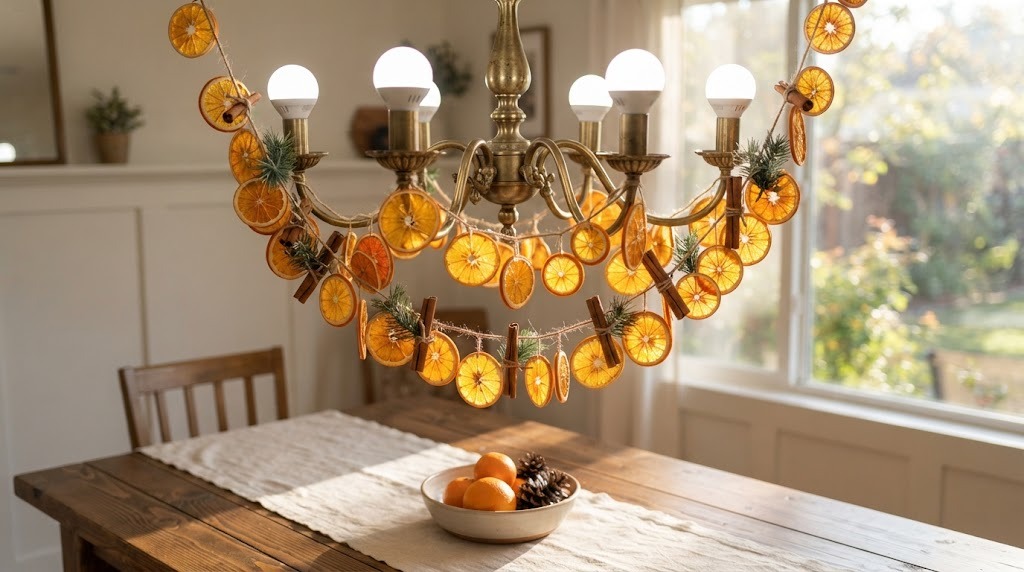 Dried orange slice garland with cinnamon sticks draped on a brass Chandelier Christmas Decor