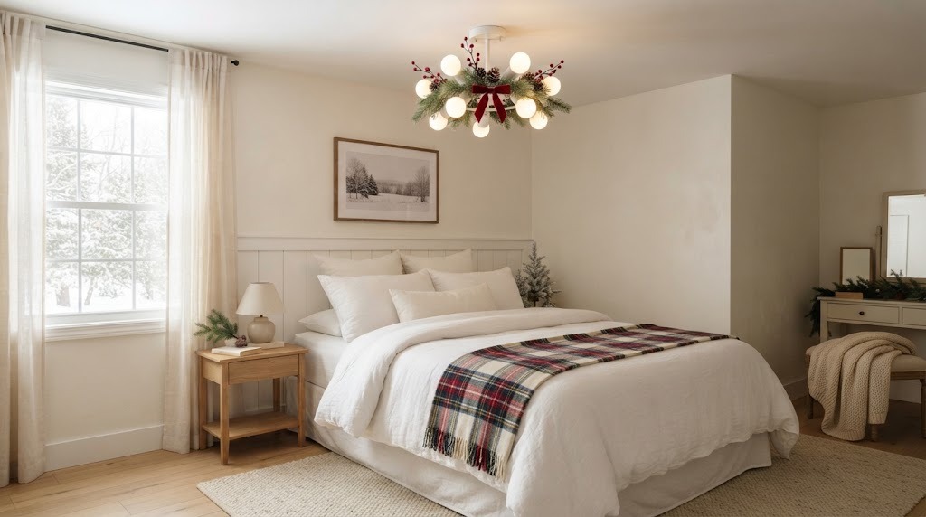 Small bedroom ceiling fixture wrapped with faux greenery, red berries and a bow