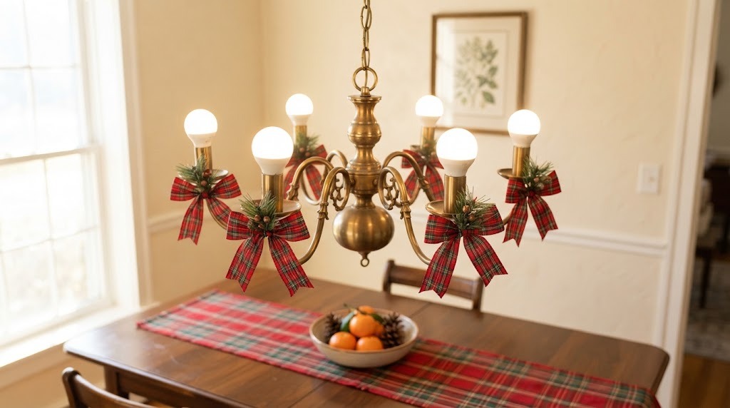 Brass chandelier with small tartan plaid bows and pine sprigs on each arm