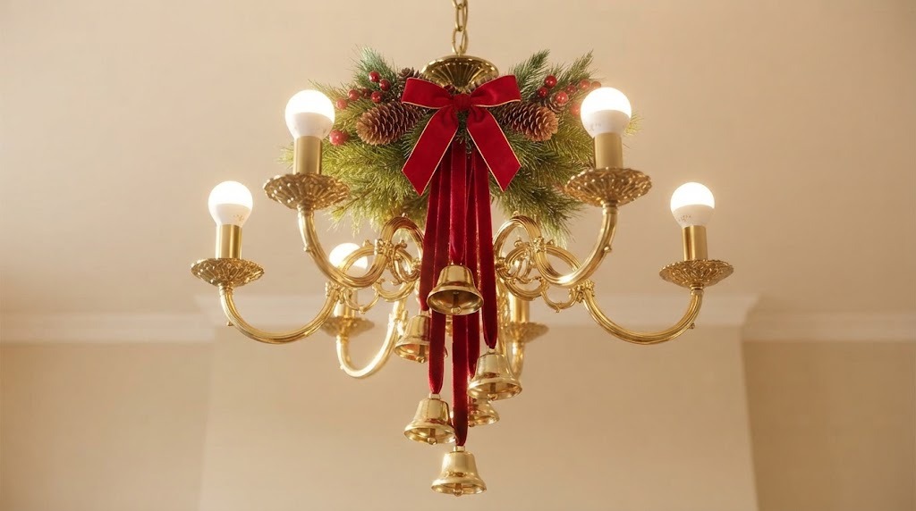 Brass bells hanging on red velvet ribbons from a gold chandelier