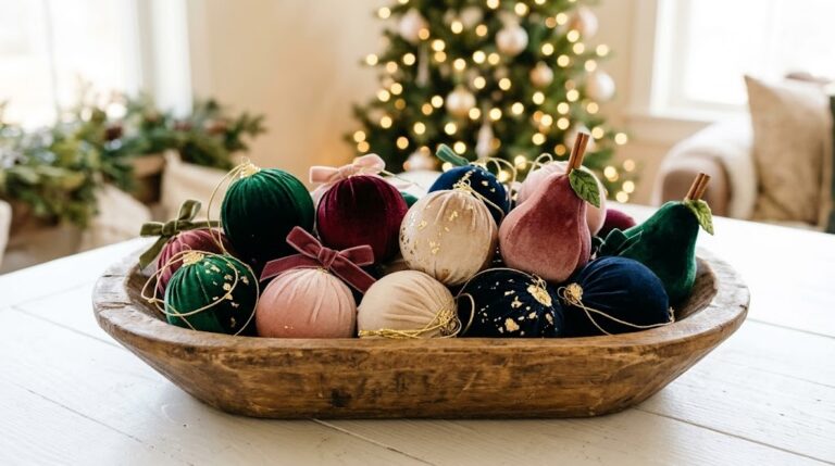 Velvet Christmas Ornaments in emerald, burgundy, blush and navy piled in a wooden dough bowl with velvet pears
