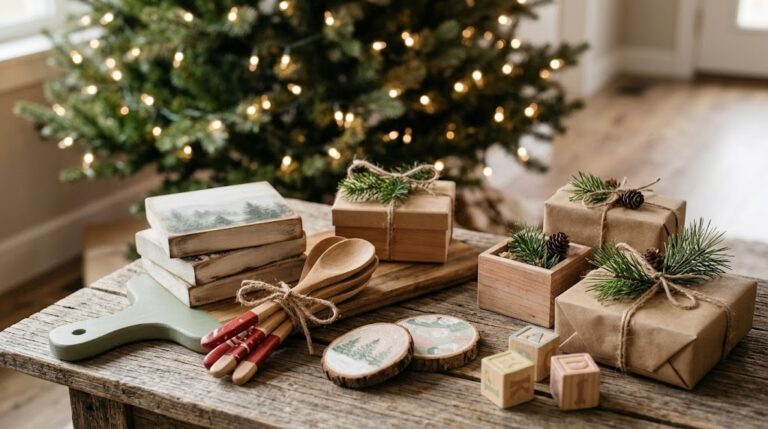 DIY Wooden Christmas Gifts on a rustic table under the tree: photo blocks, painted spoons, a cutting board and wood slice magnets