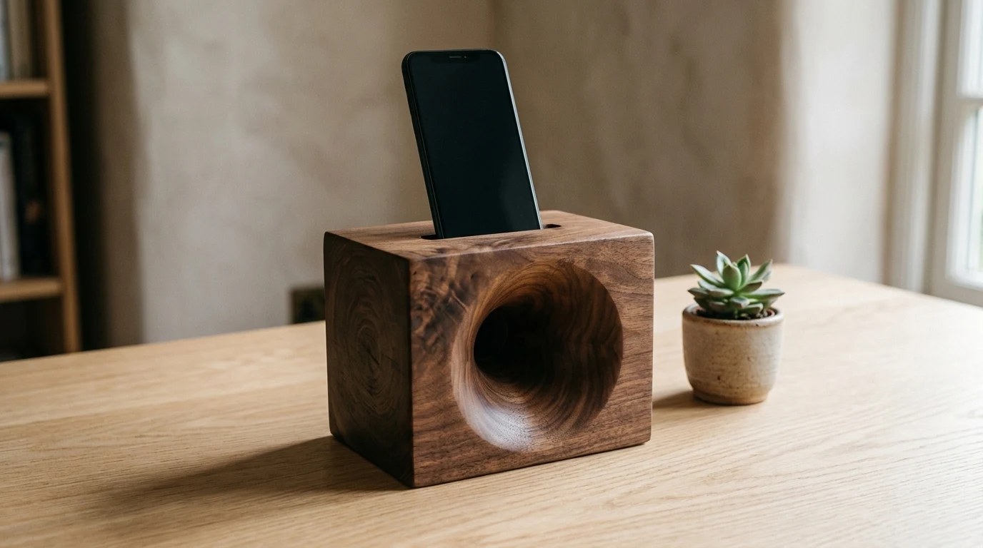 Walnut block phone amplifier with a curved front opening on a desk