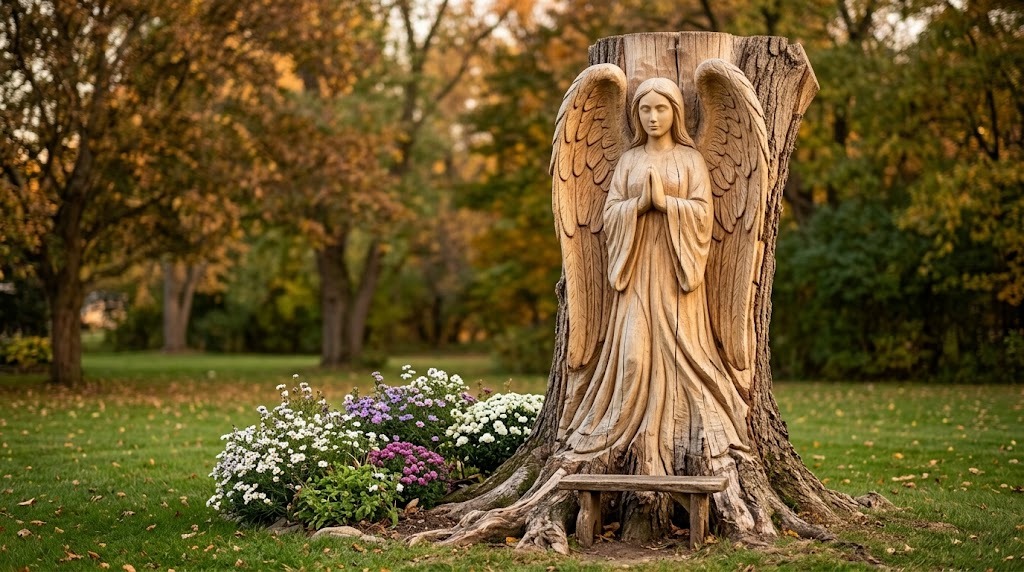 Guardian angel sculpture carved from a yard tree trunk above white and purple flowers