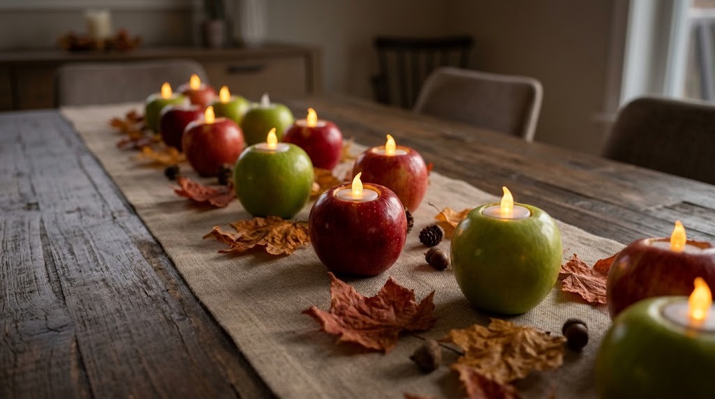Red and green apples holding battery LED tea lights on a table runner