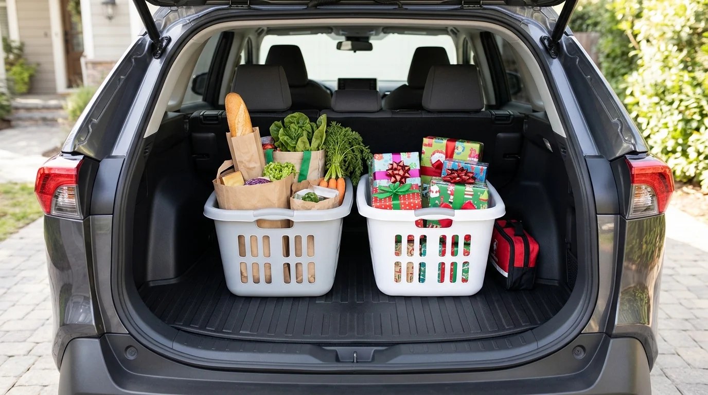 Car organization hacks for the trunk: two laundry baskets holding groceries and gifts