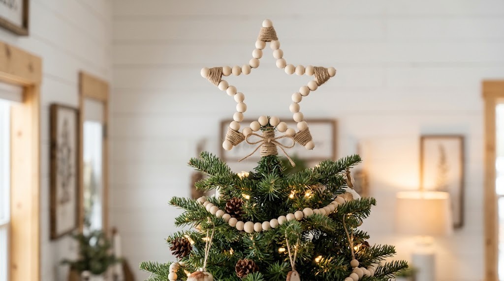 Wood bead and twine star on top of a farmhouse Christmas tree