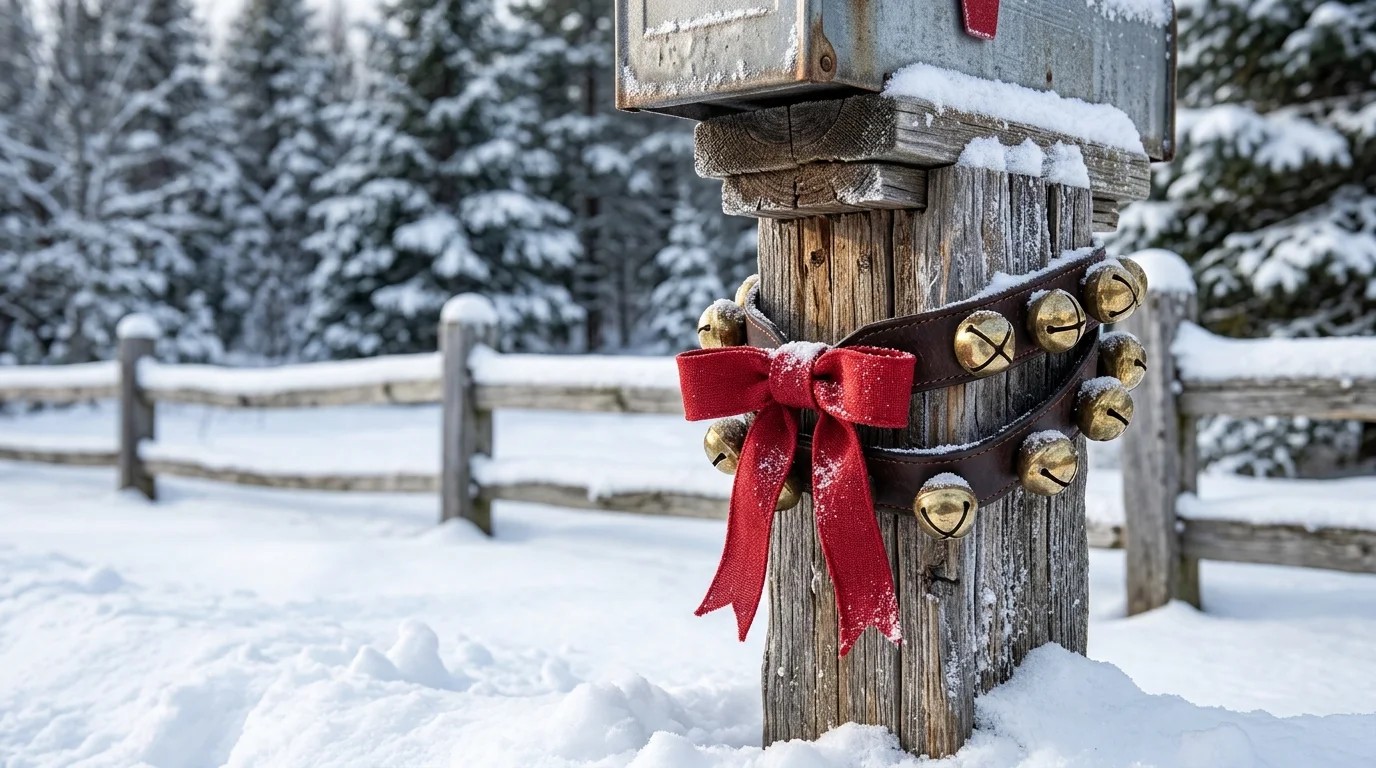 Brass sleigh bells on a leather strap with a red bow around a wooden post