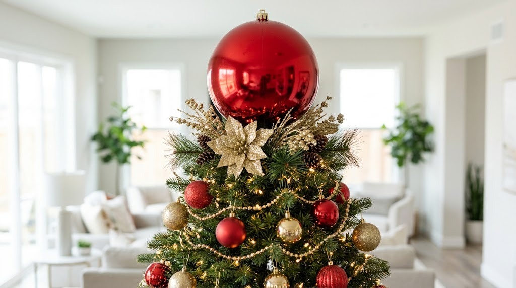 Oversized red ornament standing on top of a tree with gold floral picks