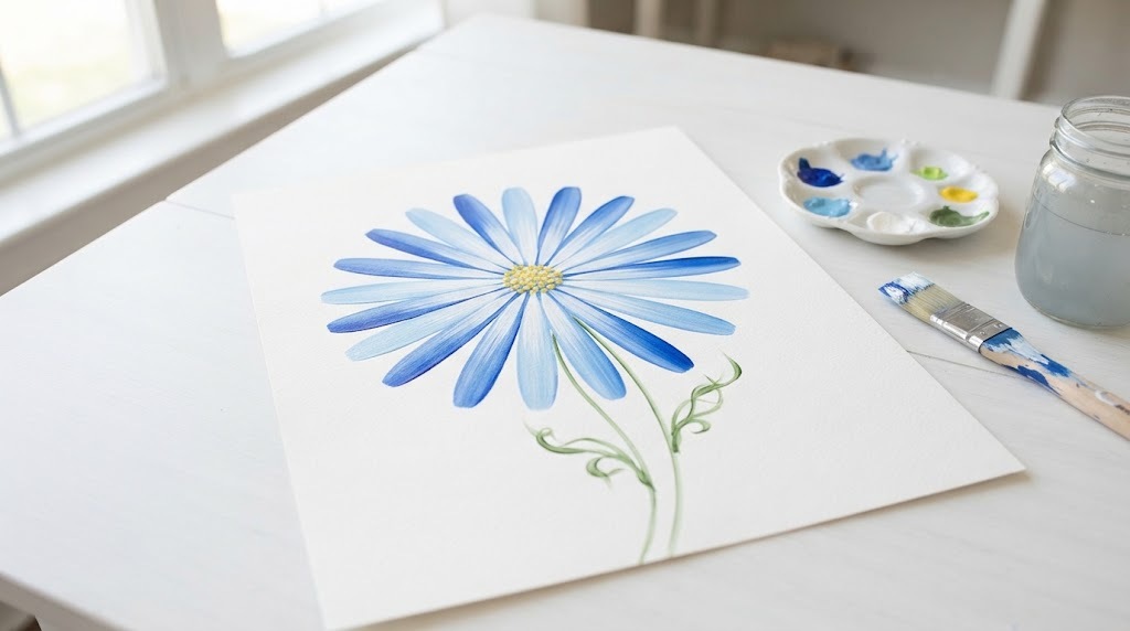 One stroke painting of a blue burst flower with a yellow dotted center on white paper