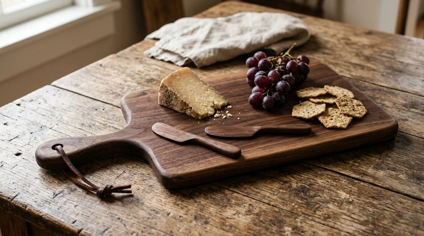 Walnut serving board with matching wooden cheese spreaders, cheese and grapes