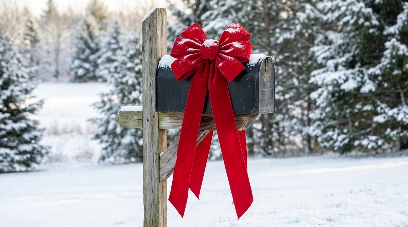 Big red velvet bow with long tails on a snowy mailbox post