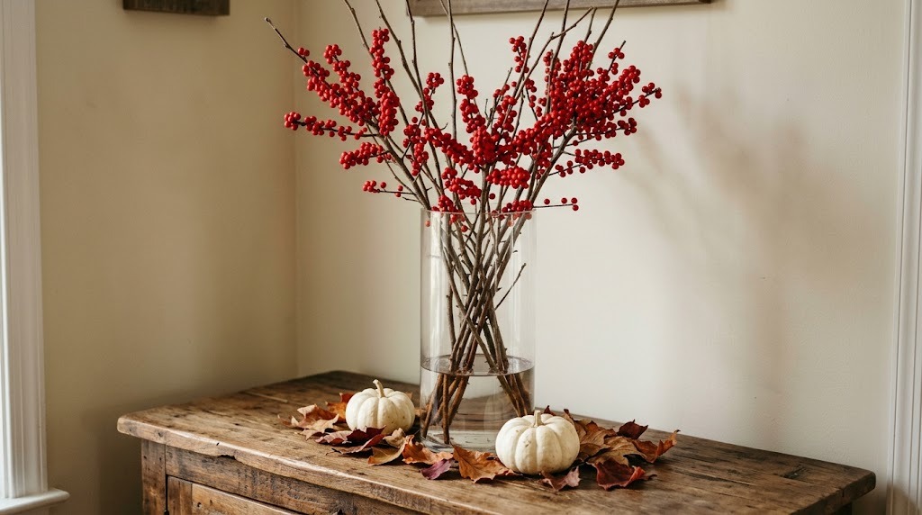 Glass vase of bare branches and red winterberries on a sideboard