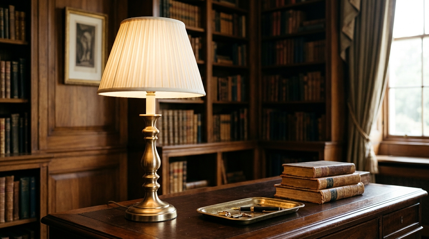 Candlestick lamp base painted antique gold with a pleated ivory shade on a desk